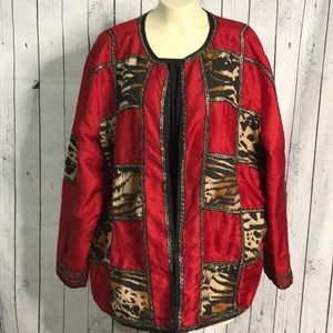 Vintage Allure 100% silk patchwork jacket open tie front red with animal
